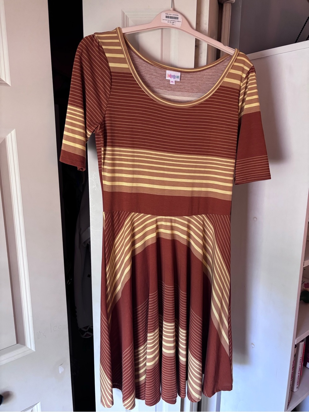 Lularoe XL Nicole Dress brown and cream Stripe Retro easy flowy